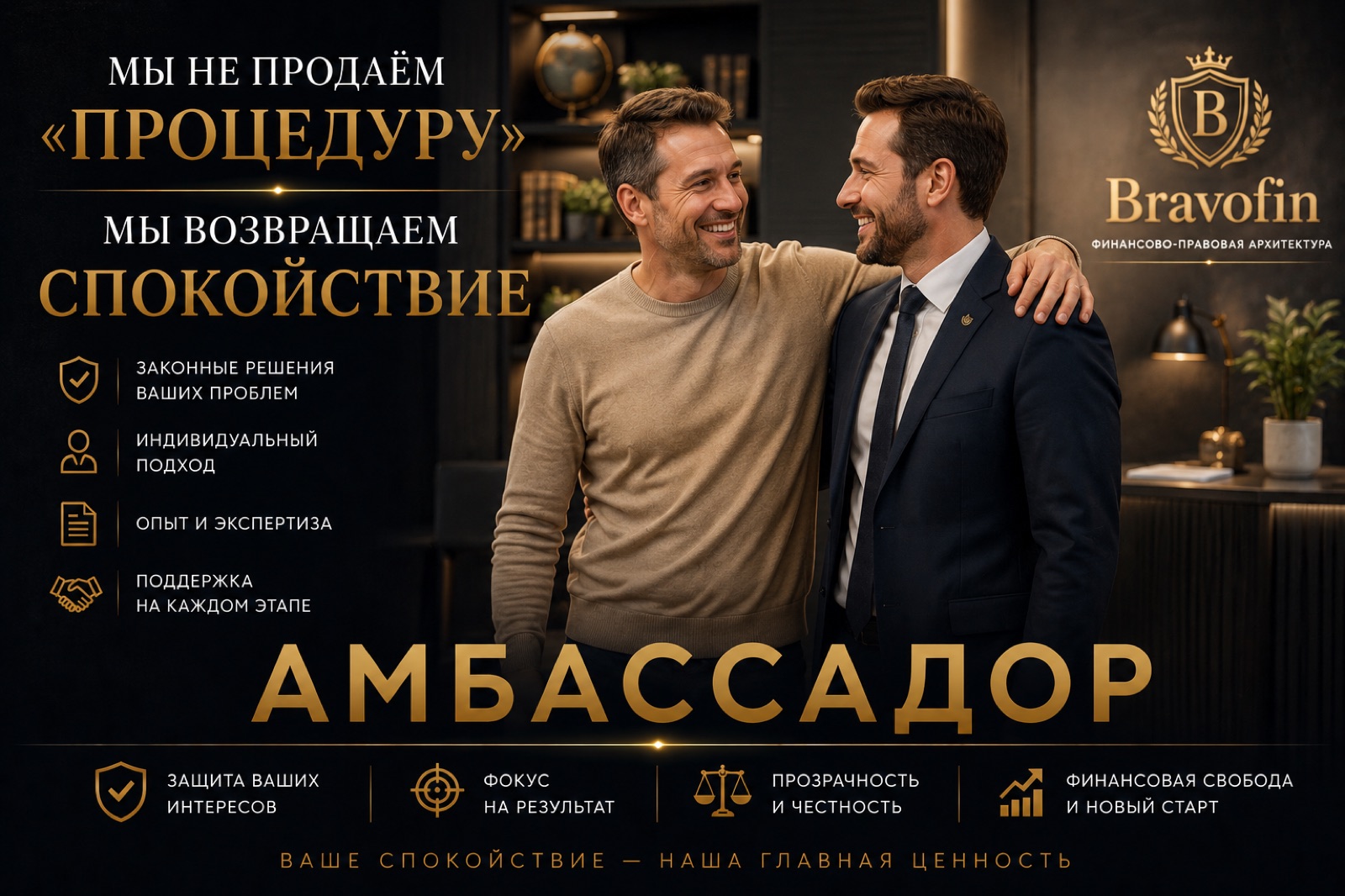 Мы не продаём «процедуру» — мы возвращаем спокойствие. Законные решения ваших проблем, индивидуальный подход, опыт и экспертиза, поддержка на каждом этапе. Амбассадор: защита ваших интересов, фокус на результат, прозрачность и честность, финансовая свобода и новый старт