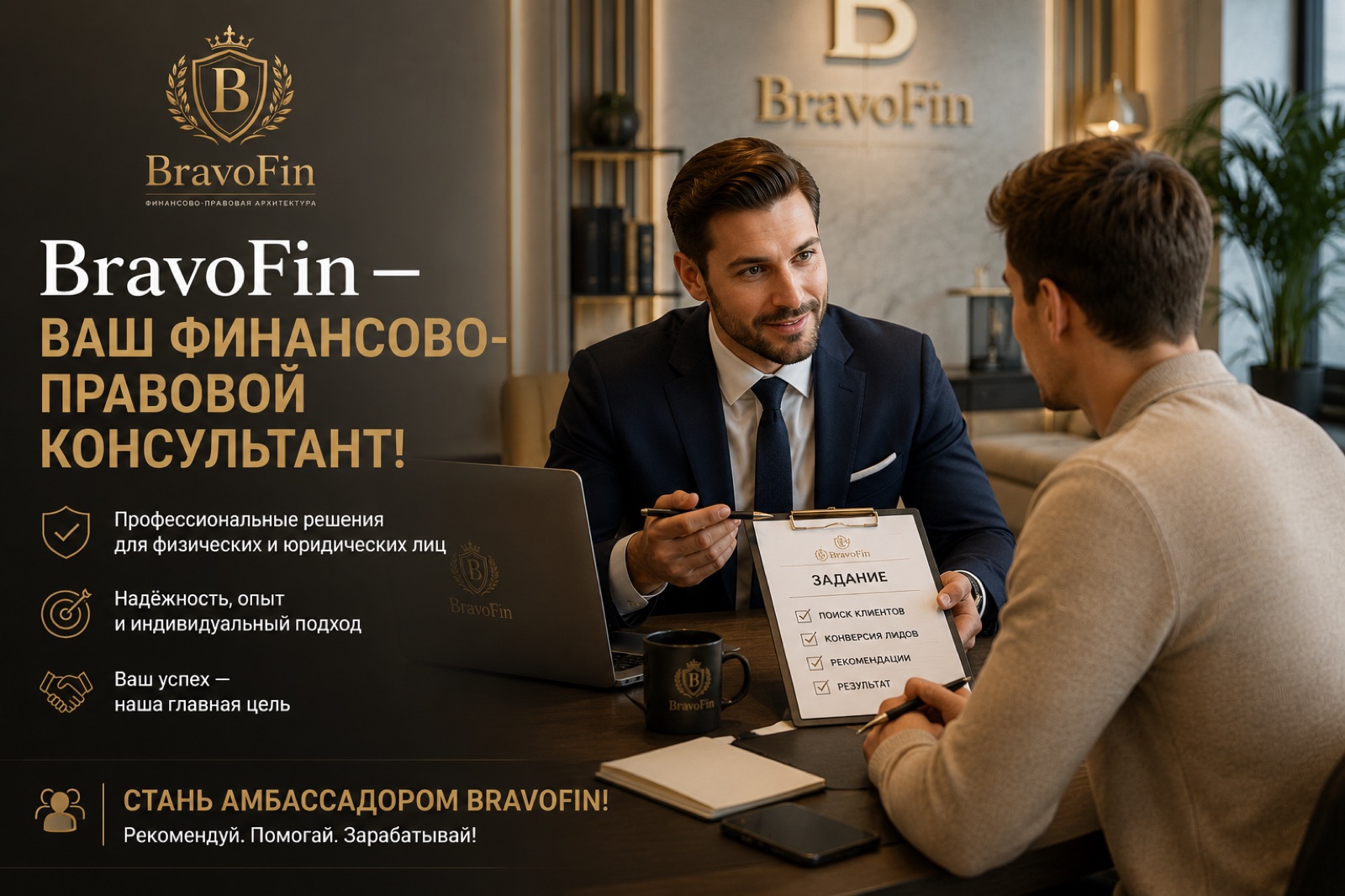 BravoFin — ваш финансово-правовой консультант: профессиональные решения для физических и юридических лиц, надёжность, опыт и индивидуальный подход. Задание амбассадора: поиск клиентов, конверсия лидов, рекомендации, результат