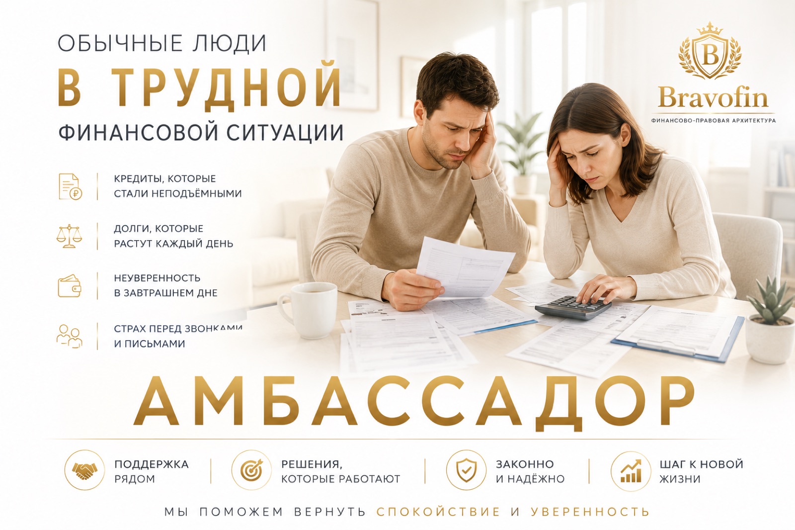 Обычные люди в трудной финансовой ситуации: кредиты, которые стали неподъёмными, долги, которые растут каждый день, неуверенность в завтрашнем дне, страх перед звонками и письмами. Амбассадор: поддержка рядом, решения, которые работают, законно и надёжно, шаг к новой жизни