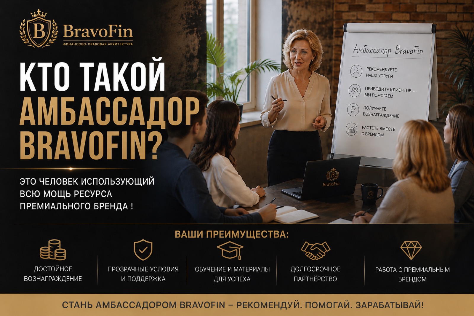 Кто такой амбассадор BravoFin — это человек, использующий всю мощь ресурса премиального бренда. Ваши преимущества: достойное вознаграждение, прозрачные условия и поддержка, обучение и материалы для успеха, долгосрочное партнёрство, работа с премиальным брендом